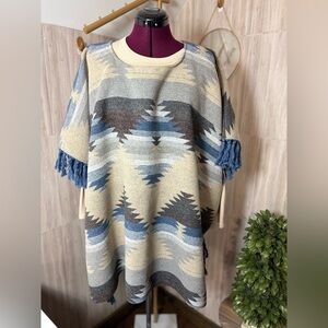 L&B Western Aztec Blue and Cream Patterned Poncho With Sleeves